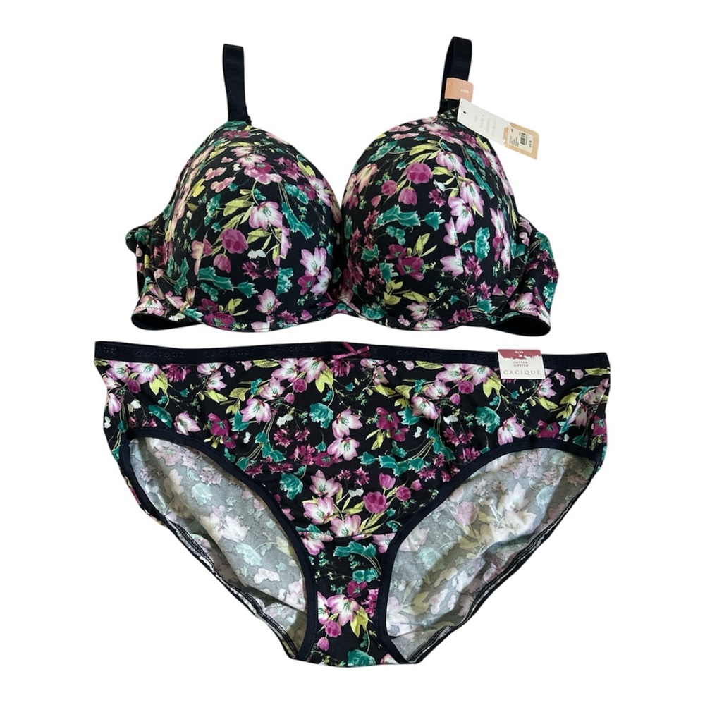 Cacique Floral Cotton Collection Boost Plunge Bra & Hipster Panty